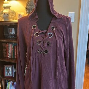 Women's Lace-Up Hoodie Top - Purple - Medium